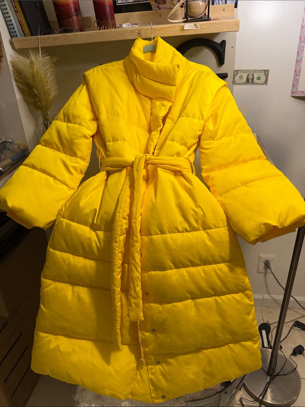 SHEIN Bright Yellow Belted Quilted Puffer Coat